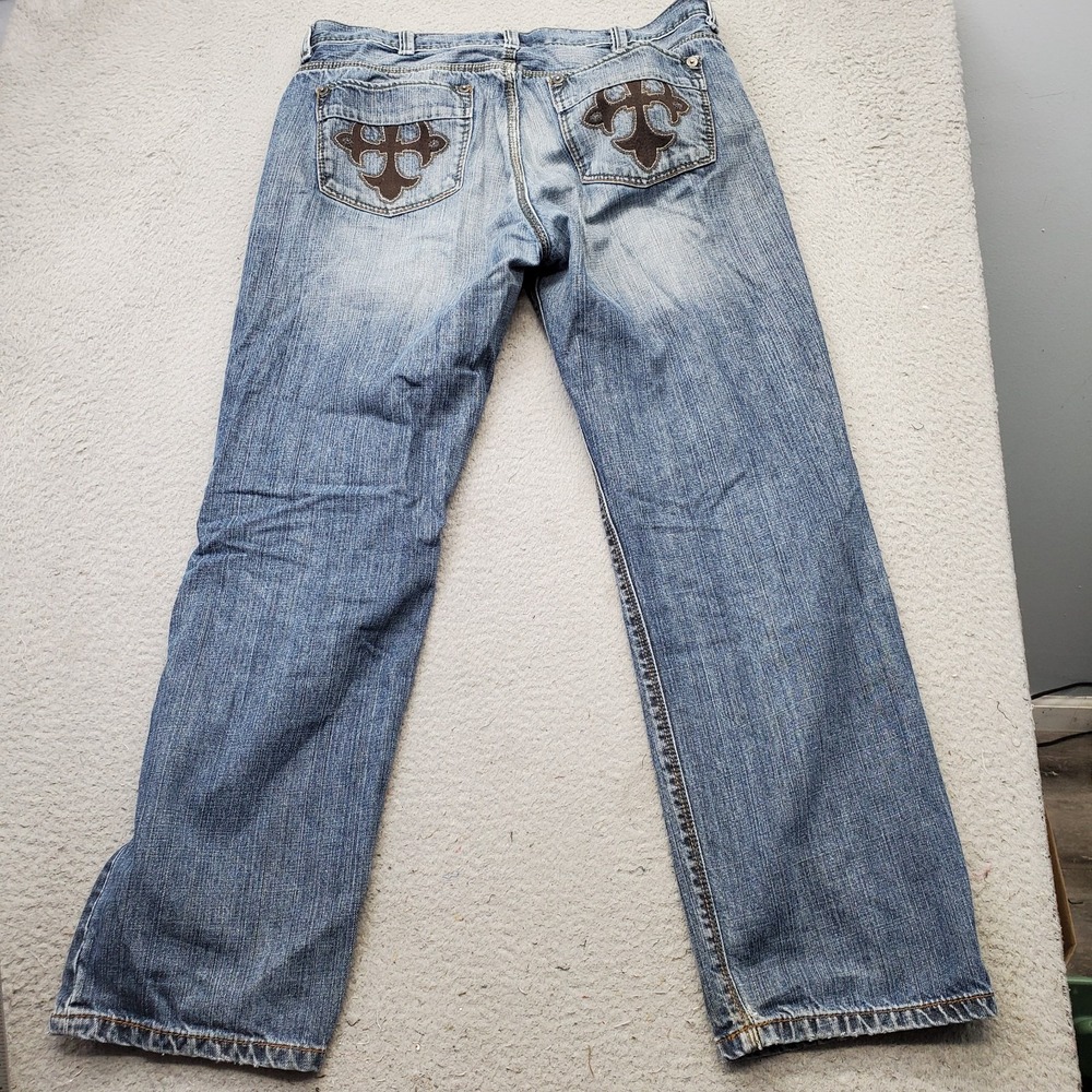 DKNY Straight Jeans Mens 36x32 Blue Denim Stretch Boho Faded‎ Contrast Stitch - Picture 2 of 10
